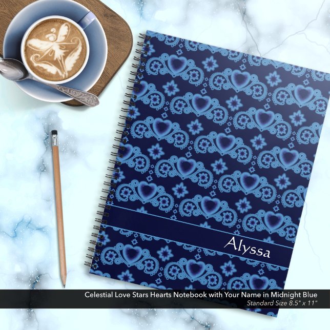 Cuaderno Estrellas de amor celestes nombre corazón medianoc (Celestial Love Stars Hearts Midnight Blue Notebook Personalized with Your Name.)