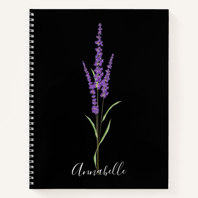Cuaderno Estrellas de lavanda en negro | Personalizado (Anverso)