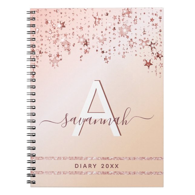 Cuaderno Estrellas de purpurina rosado rosa monograma girat (Frente)