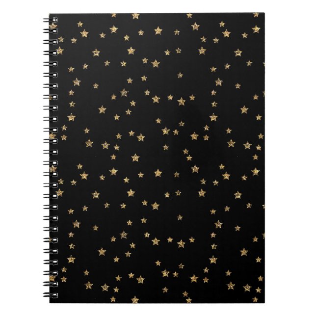 Cuaderno Estrellas doradas de Confetti purpurina luce negro (Frente)