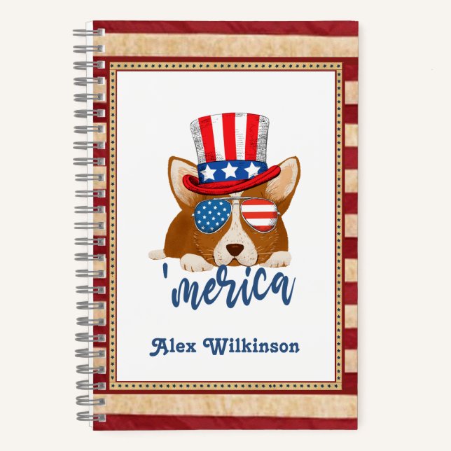 Cuaderno Estrellas patrióticas y rayas Gorra y Glasses Corg (Anverso)