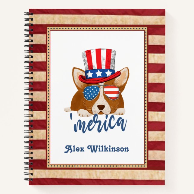 Cuaderno Estrellas patrióticas y rayas Gorra y Glasses Corg (Anverso)