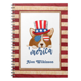 Cuaderno Estrellas patrióticas y rayas Gorra y Glasses Corg
