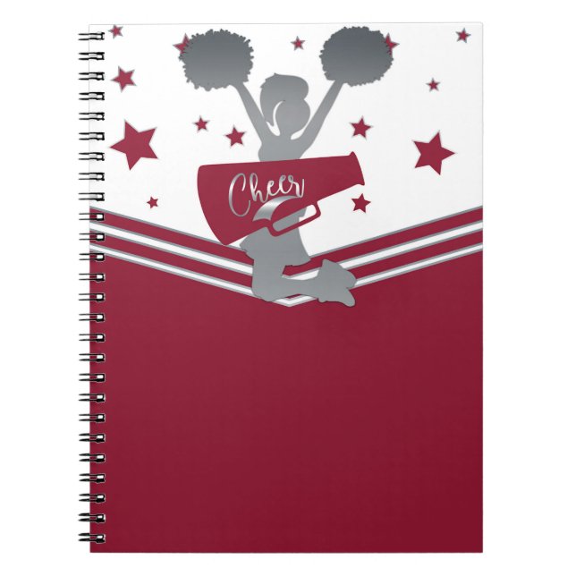 Cuaderno Estrellas Plateadas Granates Cheer Liderando porra (Frente)