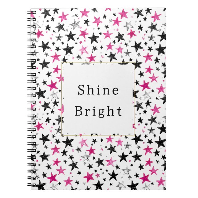 Cuaderno Estrellas plateadas negras rosadas brillan (Frente)