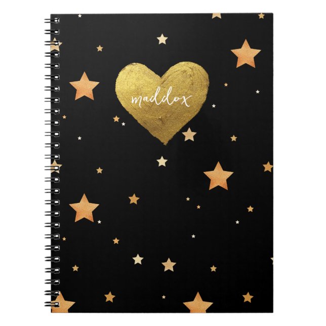 Cuaderno Estrellas Purpurinoso de oro y negro personalizada (Frente)