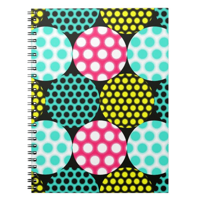Cuaderno Estrellas y círculos, patrón pop multicolor. (Frente)