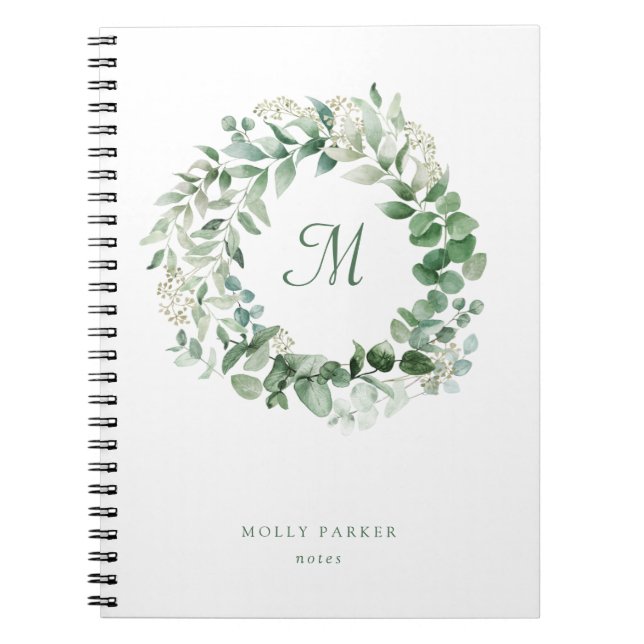 Cuaderno Eucalyptus Delicado | Monograma de acuarela elegan (Frente)