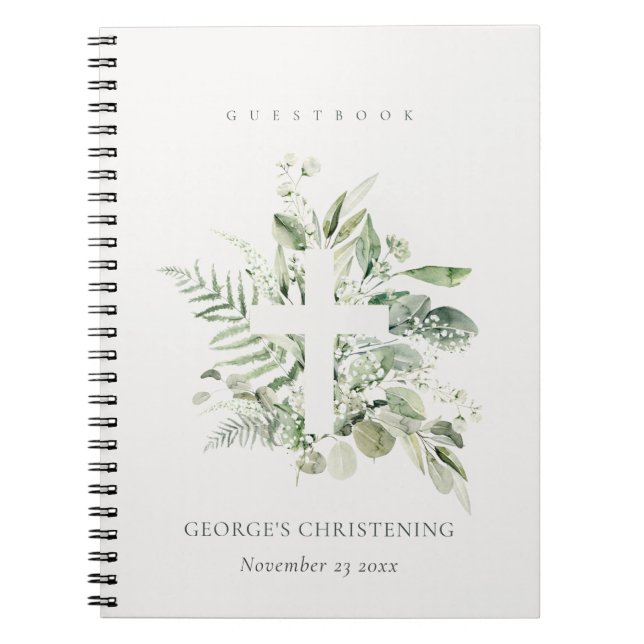 Cuaderno Eucalyptus Fern Fauna Cross Christening Guestbook (Frente)