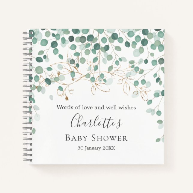 Cuaderno Eucalyptus Foliage Gold deja Baby Shower (Anverso)