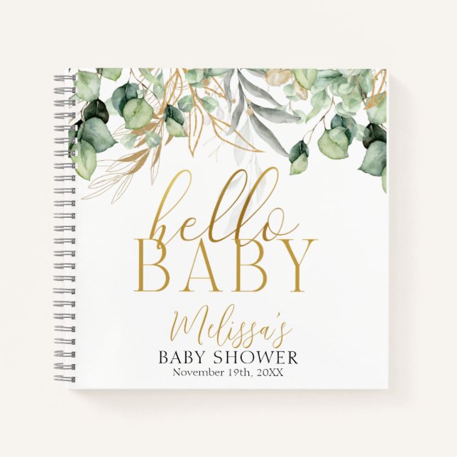 Cuaderno Eucalyptus Greenery Green Leaf & Gold Baby Shower (Anverso)