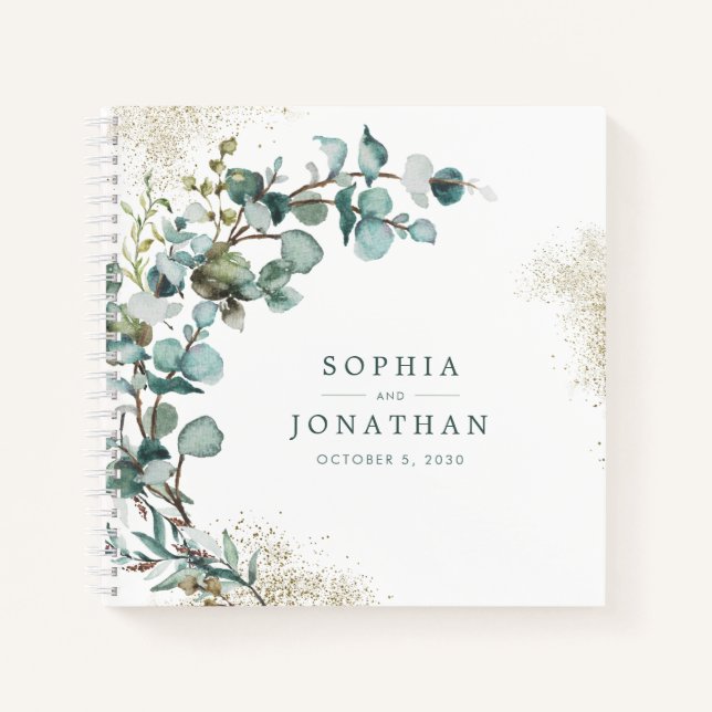 Cuaderno Eucalyptus Purpurina de oro Boda botánico (Anverso)