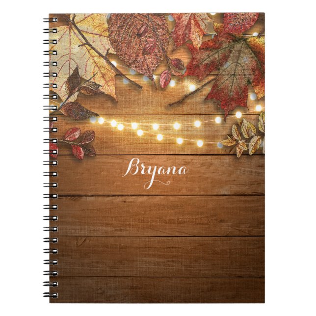 Cuaderno Fall Leaves & String Lights on Rustic Wood (Frente)