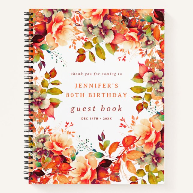 Cuaderno Fall Watercolor Floral 80th Birthday Guest Book (Anverso)