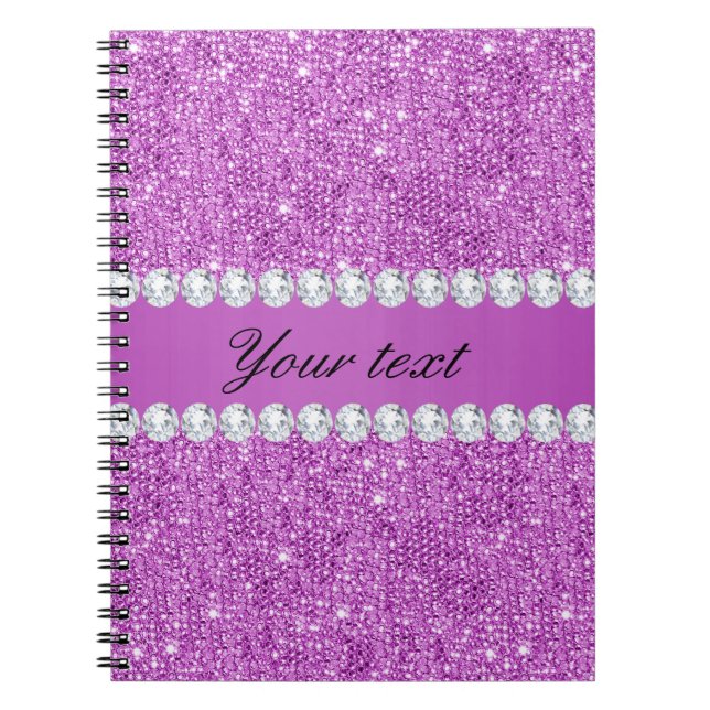Cuaderno Falsas lentejuelas púrpuras elegantes y diamantes (Frente)