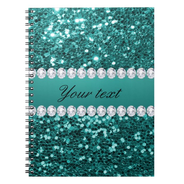 Cuaderno Falso purpurina verde azulado elegante y diamantes (Frente)