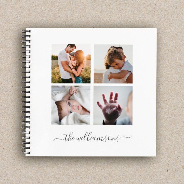 Cuaderno Familia cuadrada moderna Collage de fotos múltiple (A spiral book featuring 4 photos and custom text reading the family name laying on craft paper)