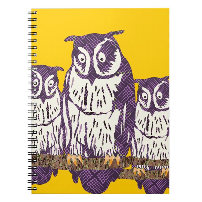 Cuaderno Familia de búhos geométricos con estilo morado (Frente)