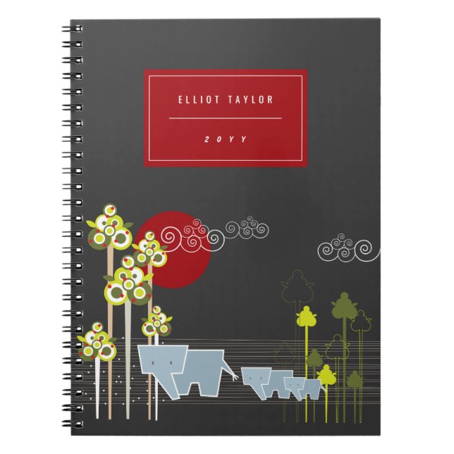 Cuaderno Familia De Elefantes Whimsical En El Bosque Y Sol  (Frente)