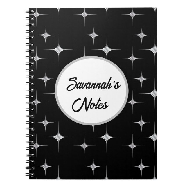 Cuaderno Fancy Black Faux Silver Diamond Design Nombre pers (Frente)