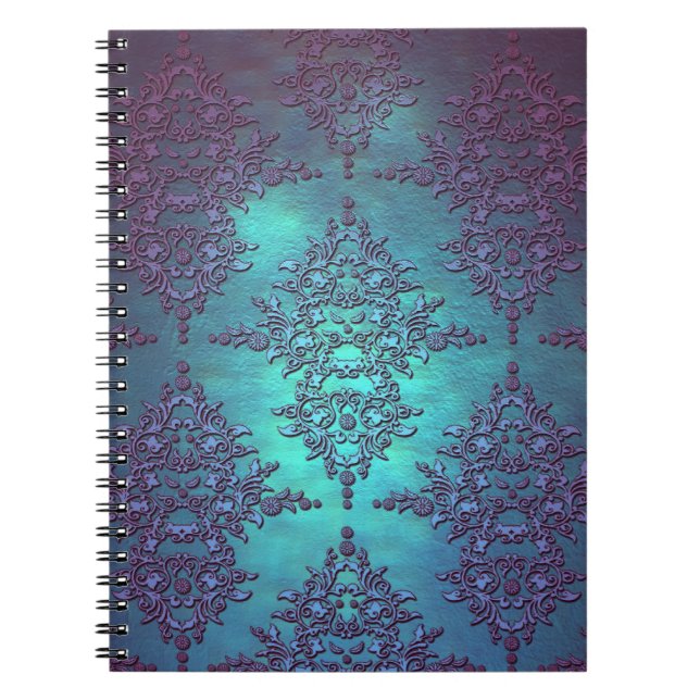Cuaderno Fancy Verde azulado al patrón de Damasco púrpura (Frente)