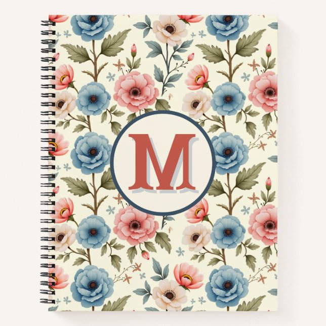 Cuaderno Fantasía floral de primavera azul y rosa (Anverso)