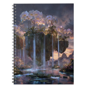 Cuaderno Fantasía Isla Flotante Cascada Orquídea Arte Noteb