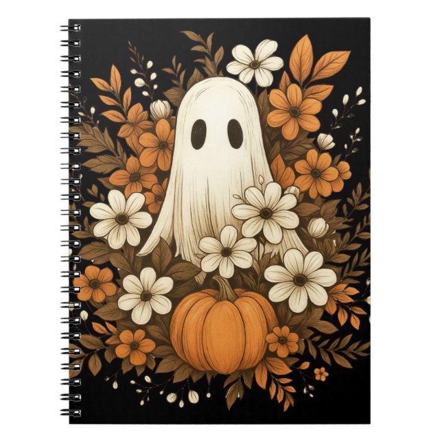 Cuaderno Fantasma Adorable Con Calabaza Y Flores De Otoño – (Frente)