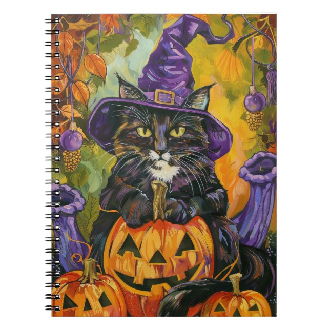 Cuaderno Fantasma Gato De Tuxedo Halloween Bruja Y Calabaza (Frente)