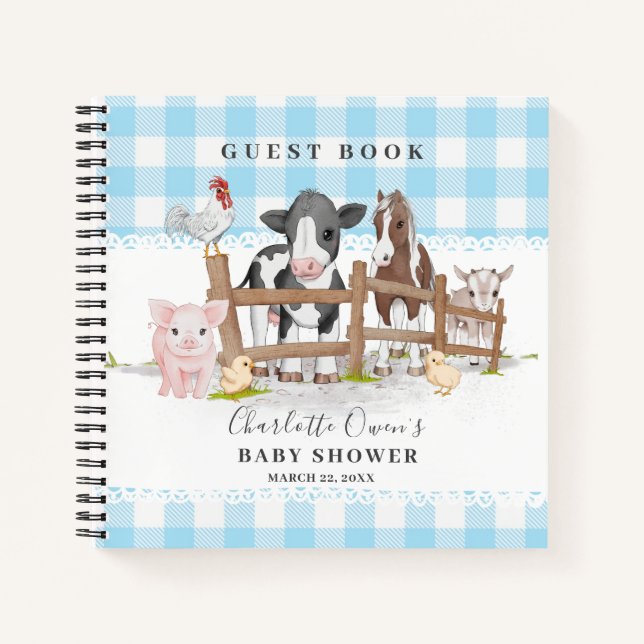 Cuaderno Farm Animals Barnyard Blue Baby Shower Guest Book (Anverso)