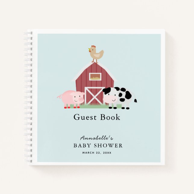 Cuaderno Farm Animals Barnyard Blue Baby Shower Guest Book (Anverso)