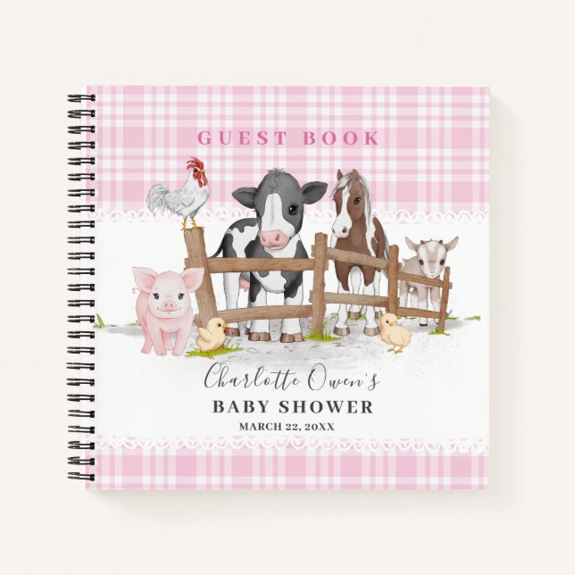 Cuaderno Farm Animals Barnyard Pink Baby Shower Guest Book