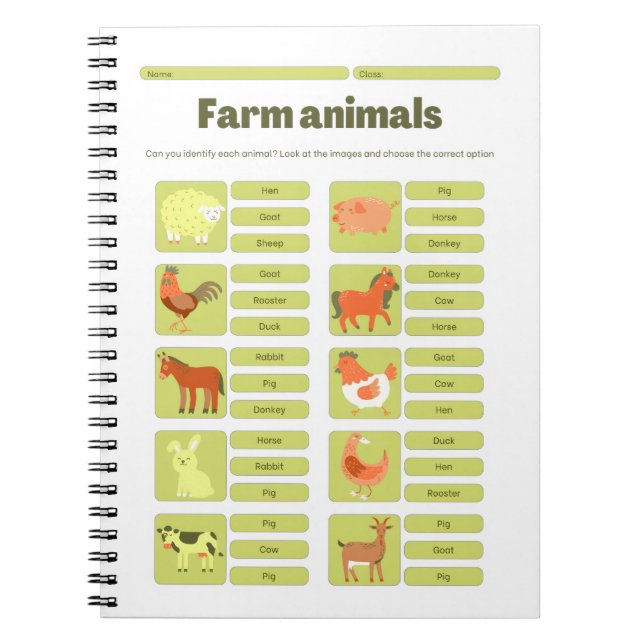 Cuaderno Farm Animals Identification Educational Worksheet (Frente)
