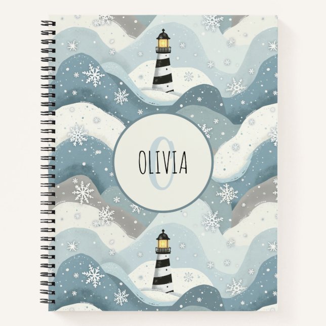 Cuaderno Faro con olas heladas Monograma náutico de inviern (Anverso)