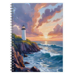 Cuaderno Faro Costero Atardecer Pintura de Playa y Océano