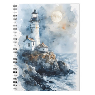 Cuaderno Faro iluminado por la luna en costa rocosa