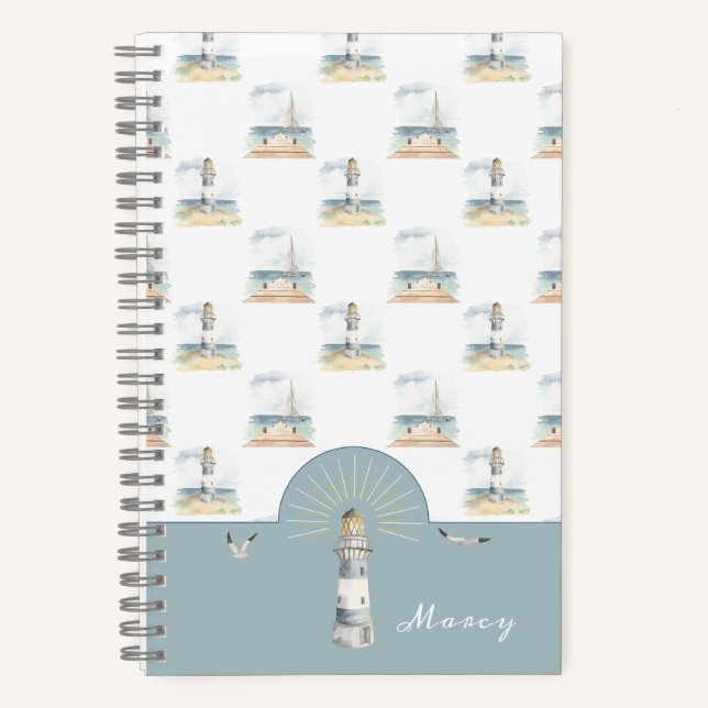 Cuaderno Faro y playa de ensueño en barco de vela (Anverso)