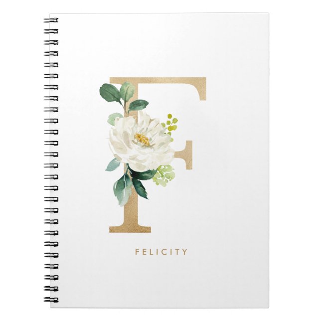Cuaderno Faux Relieve metalizado dorado Letra blanca flor F (Frente)