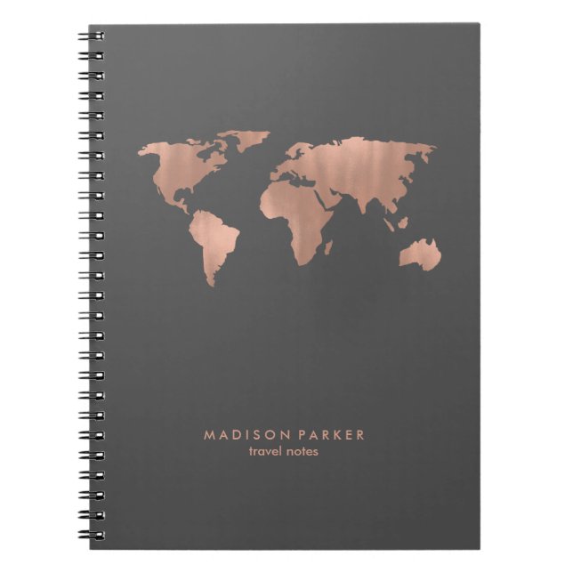 Cuaderno Faux Rosa Gold World Map on Smoky Gray (Frente)