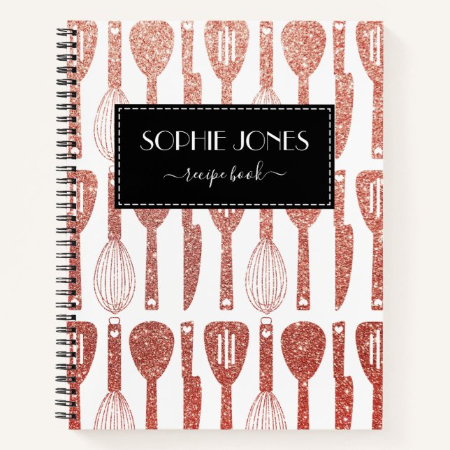 Cuaderno Faux Rosa Purpurina de oro Cute Kitchen Utensils (Anverso)