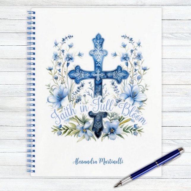 Cuaderno Fe personalizada de portátiles en la Pascua de Blo (Personalized Notebook Christian Easter Gift Cross and Bluebonnet Floral)