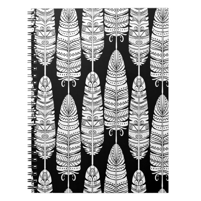 Cuaderno Feathers boho: patrón blanco y negro (Frente)