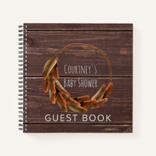 Cuaderno Feathers Tribal Baby Shower Guest Book Rustic Wood