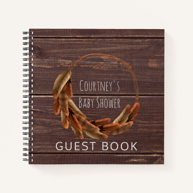 Cuaderno Feathers Tribal Baby Shower Guest Book Rustic Wood (Anverso)