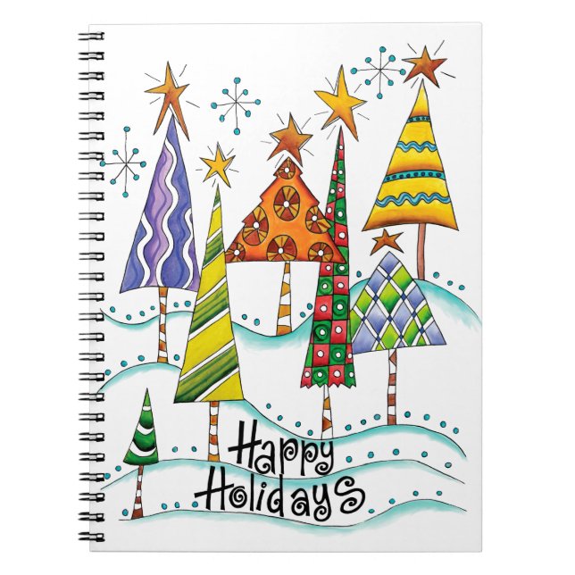 Cuaderno ¡Felices Fiestas! Árboles de Navidad Lindos con Es (Frente)