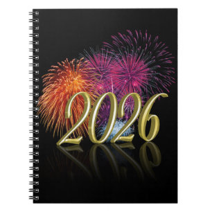 Cuaderno Feliz Año Nuevo 2026 Fuegos Artificiales Dorados