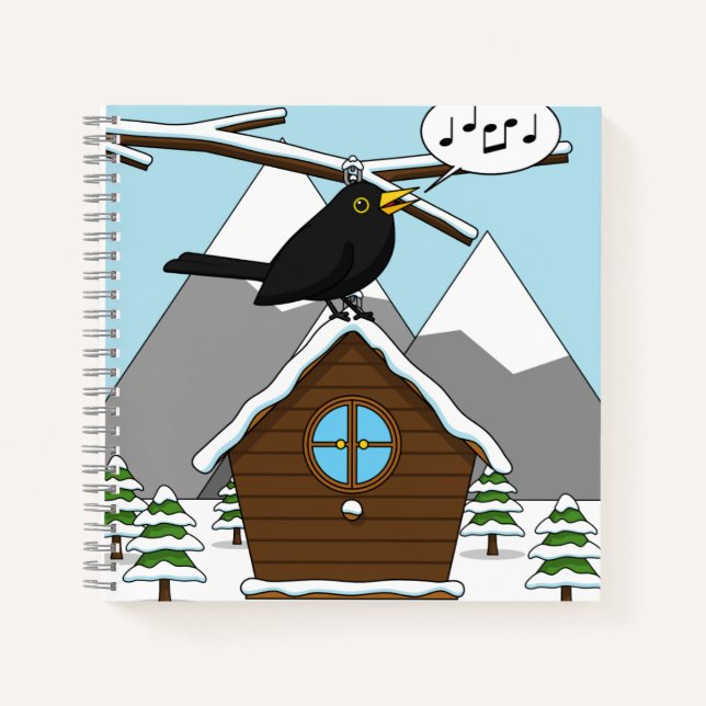 Cuaderno Feliz Canto de Blackbird en el paisaje invernal (Anverso)