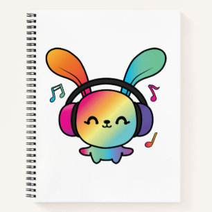 Cuaderno Feliz Conejo con auriculares escuchando música.