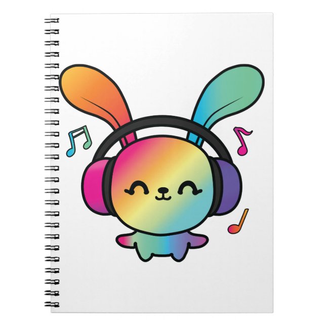 Cuaderno Feliz Conejo con auriculares escuchando música. (Frente)