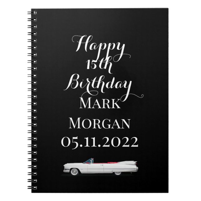 Cuaderno Feliz cumpleaños 15 para hombre chico negro blanco (Frente)